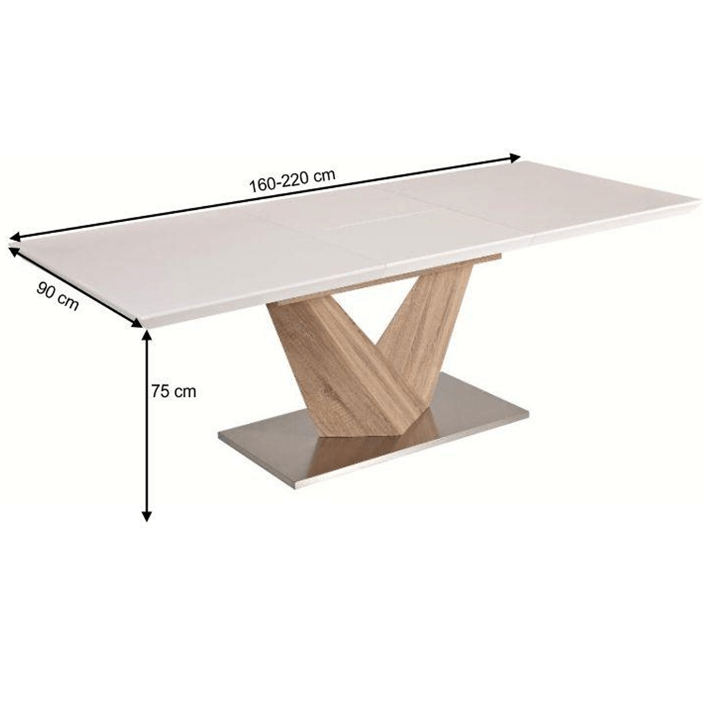 Jedálenský stôl, biela extra vysoký lesk HG/dub sonoma, DURMAN P2, poškodený tovar