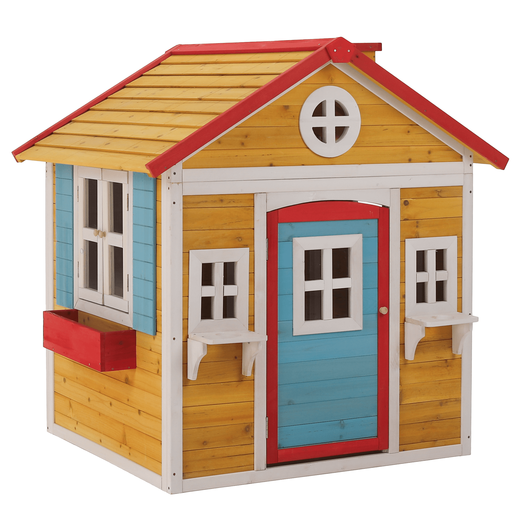 Fából készült kerti ház virágcseréppel, természetes/fehér/kék/piros, avilo