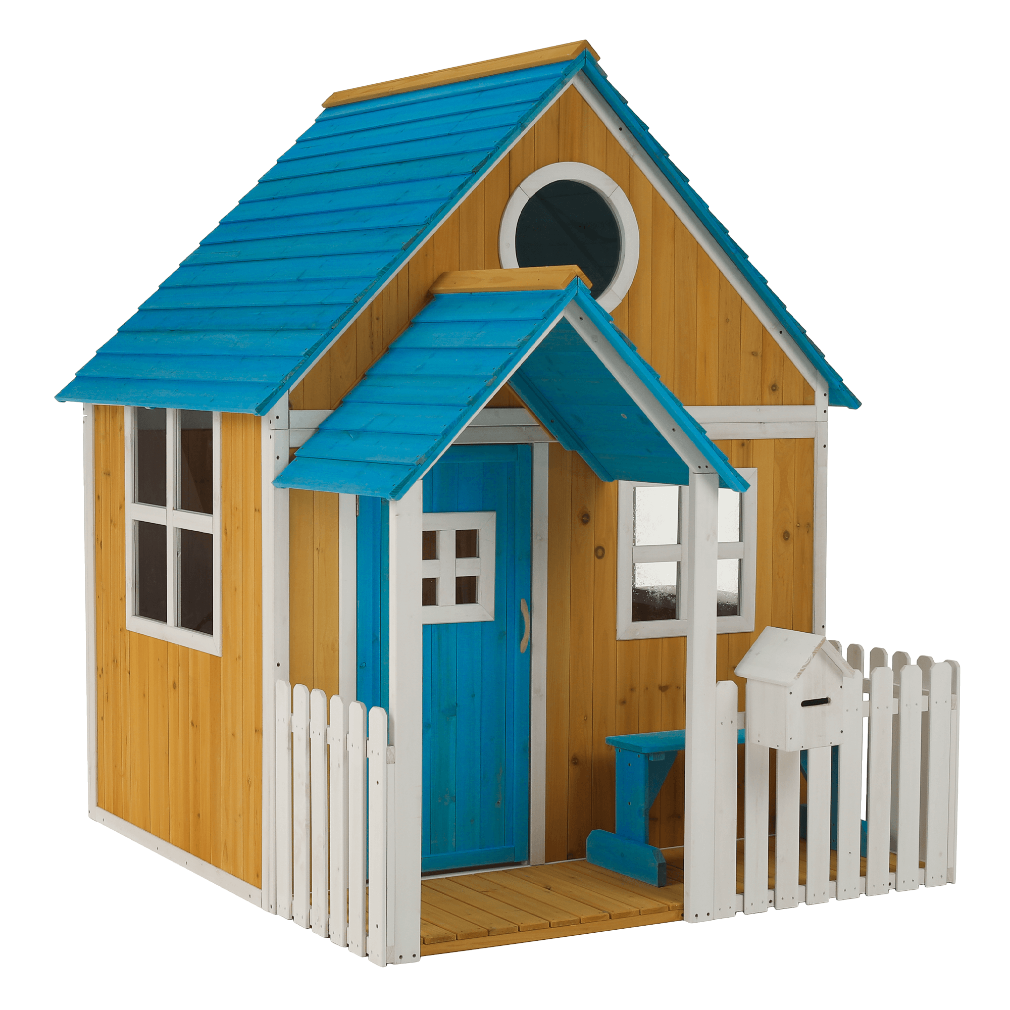 Fából készült kerti ház paddal, verandával és postaládával, bulen