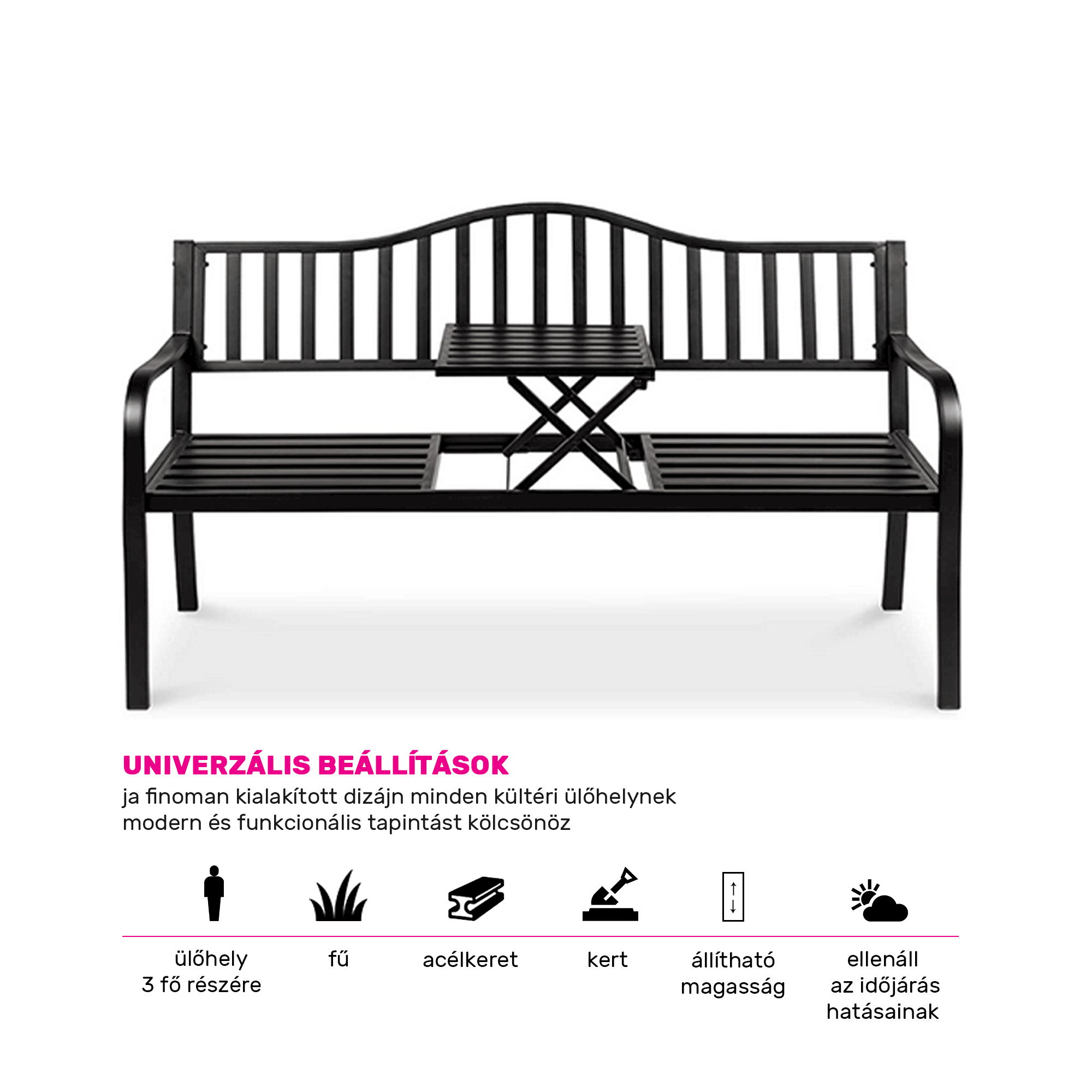 Kerti pad dohányzóasztallal, fekete, DAGNO