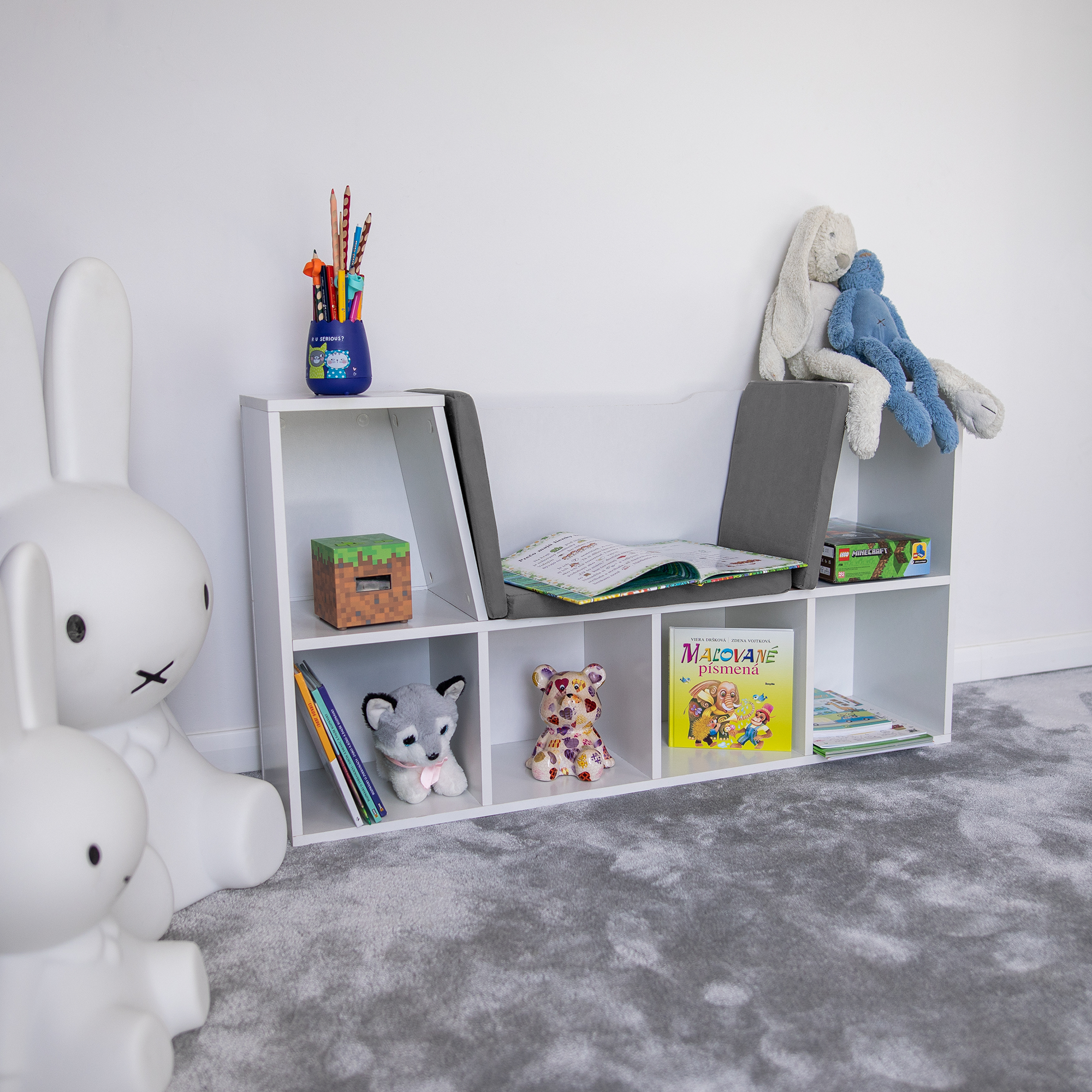 Gyerekkönyvtár ülőhellyel, fehér/szürke, FERIA