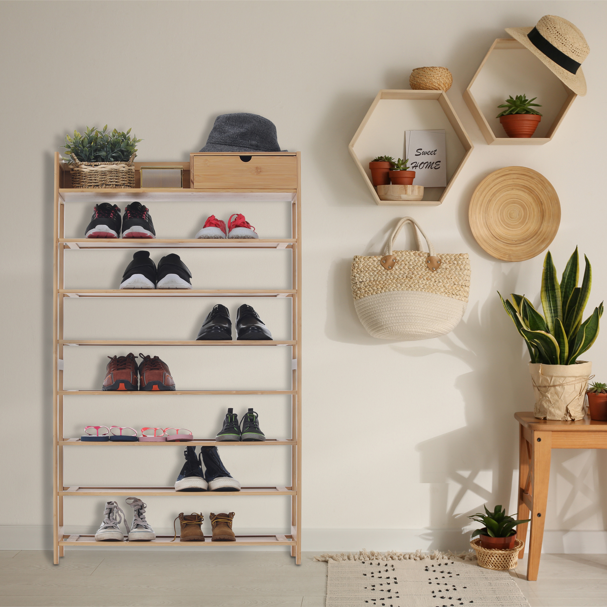 Cipőpolc, 7 soros, bambusz, KATLEY