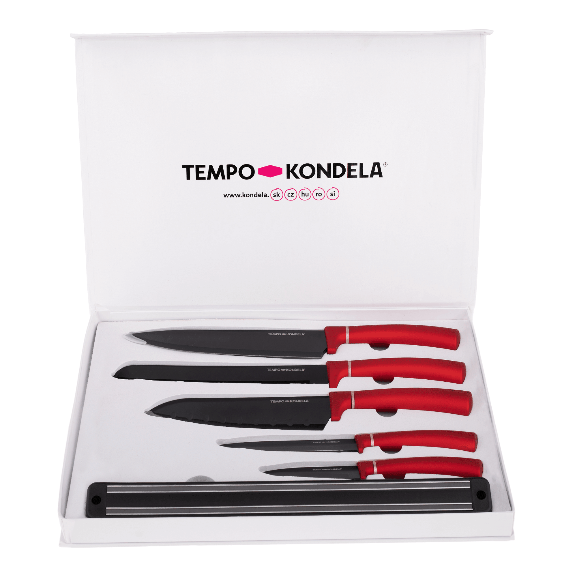TEMPO-KONDELA LONAN, set de cuțite cu suport magnetic, 6 buc., roșu