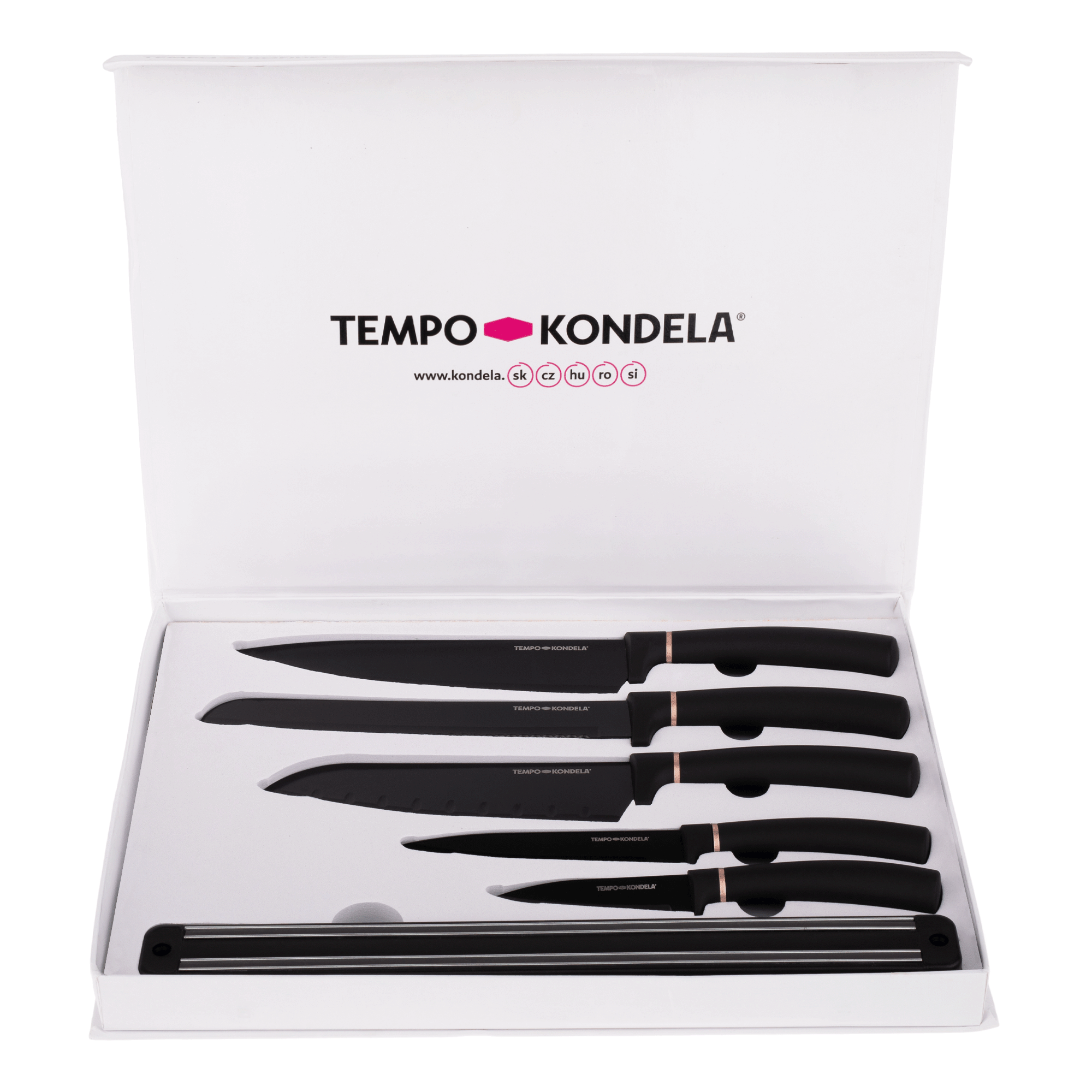 TEMPO-KONDELA LONAN, set de cuțite cu suport magnetic, 6 buc., negru
