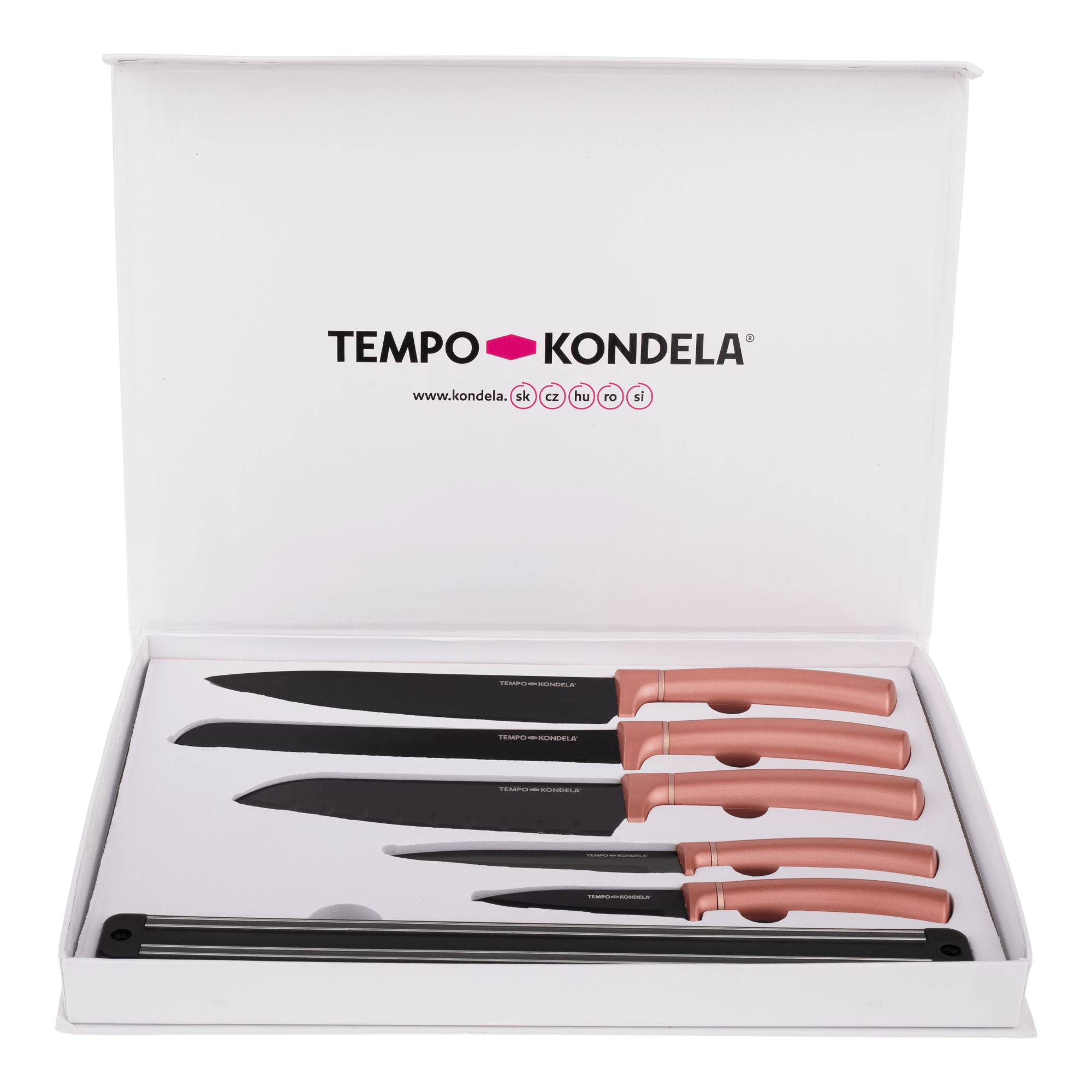 TEMPO-KONDELA LONAN, set de cuțite cu suport magnetic, 6 buc., roz auriu