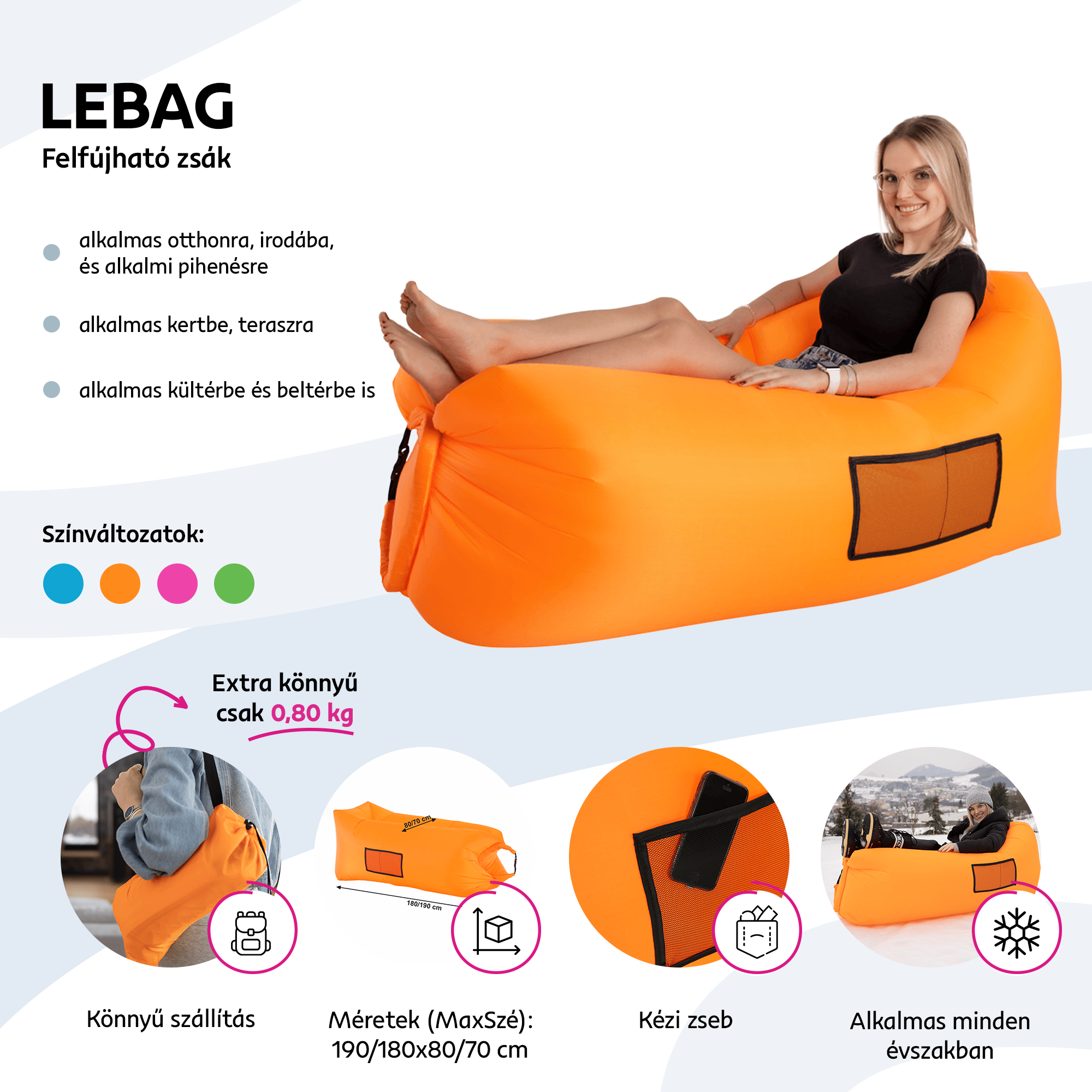 Felfújható babzsák/lazy bag, rózsaszín, LEBAG