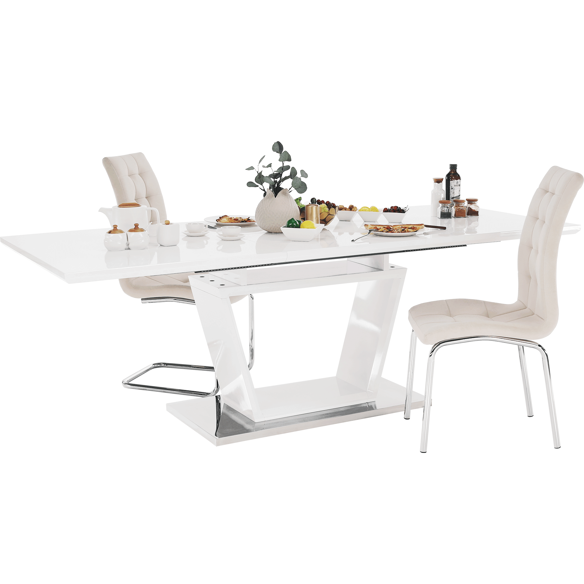 Jedálenský stôl, rozkladací, biela extra vysoký lesk, PERAK, poškodený tovar