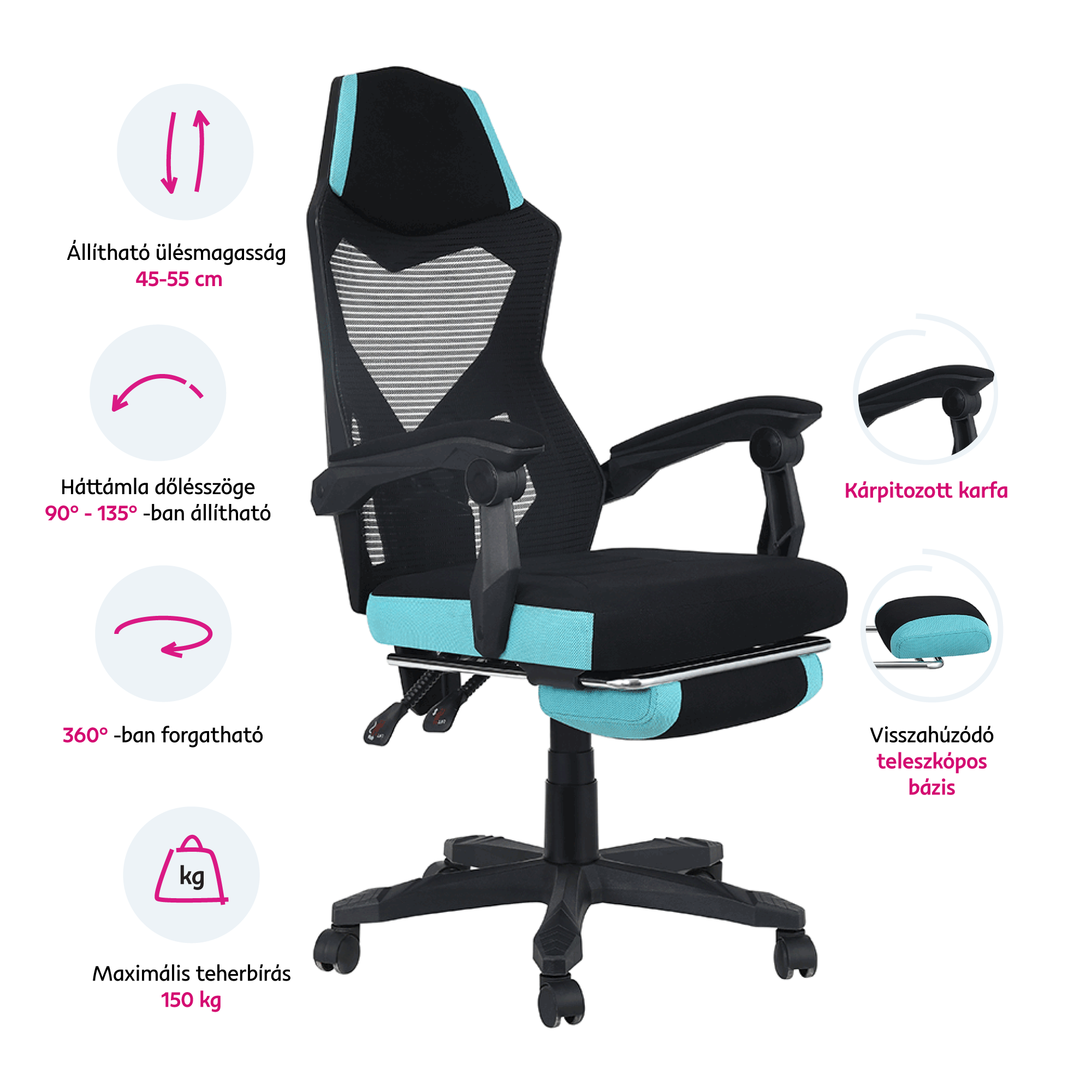 Irodai/gamer szék, fekete/neomint, JORIK NEW