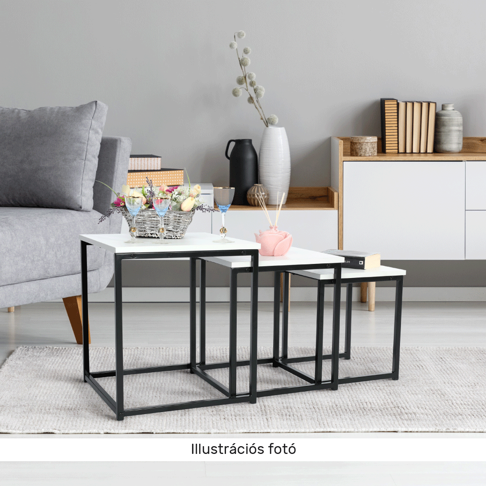 3 dohányzóasztal szett, matt fehér/fekete, KASTLER NEW TYP 3
