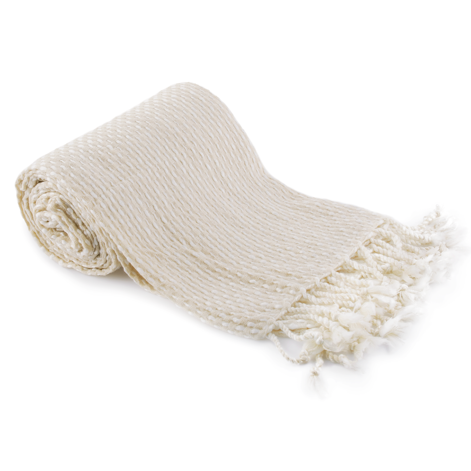 TEMPO-KONDELA TAVAU, pătură tricotată cu franjuri, bej / model, 150x200 cm