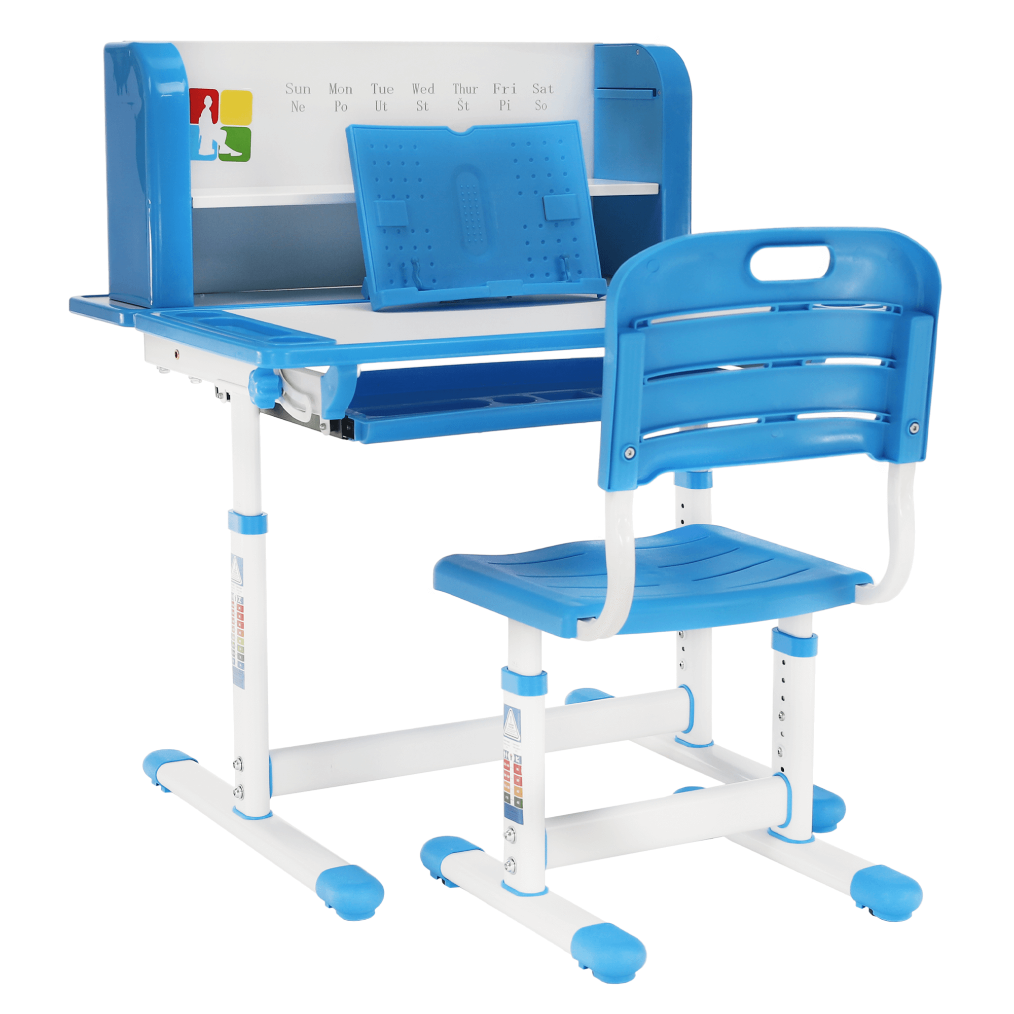 Növekvő íróasztal és szék, kék/fehér, szett LERAN